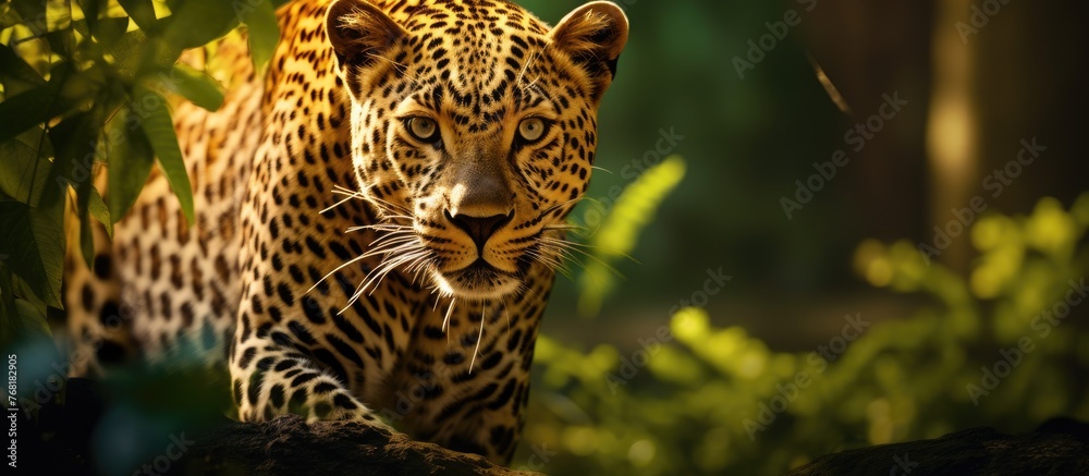 A large leopard with yellow fur and piercing eyes is walking through a lush green forest in the African wilderness. The majestic cat moves gracefully, embodying the raw beauty of nature in its natural - obrazy, fototapety, plakaty 