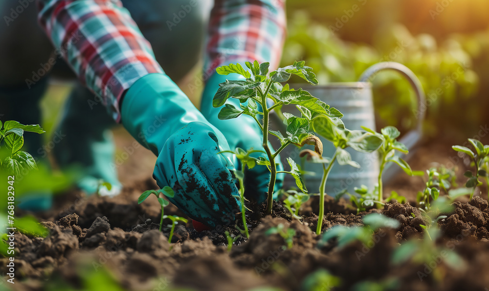 Farmer planting tomato seedlings in garden soil. Sustainable living and homegrown food concept. Design for educational material, gardening blogs. - obrazy, fototapety, plakaty 