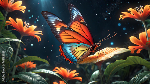bright colorful tropical butterfly in a mysterious forest against the backdro...