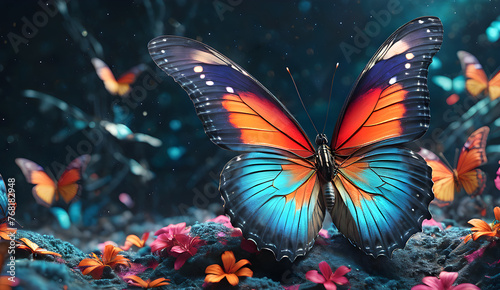 bright colorful tropical butterfly in a mysterious forest against the backdro...