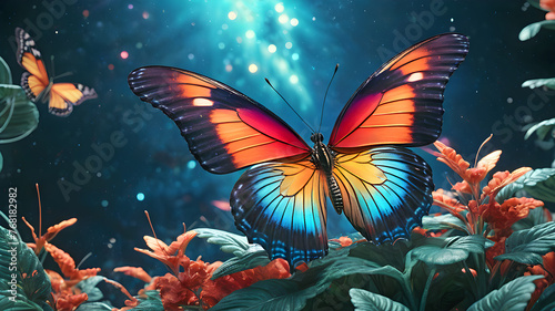 bright colorful tropical butterfly in a mysterious forest against the backdro...