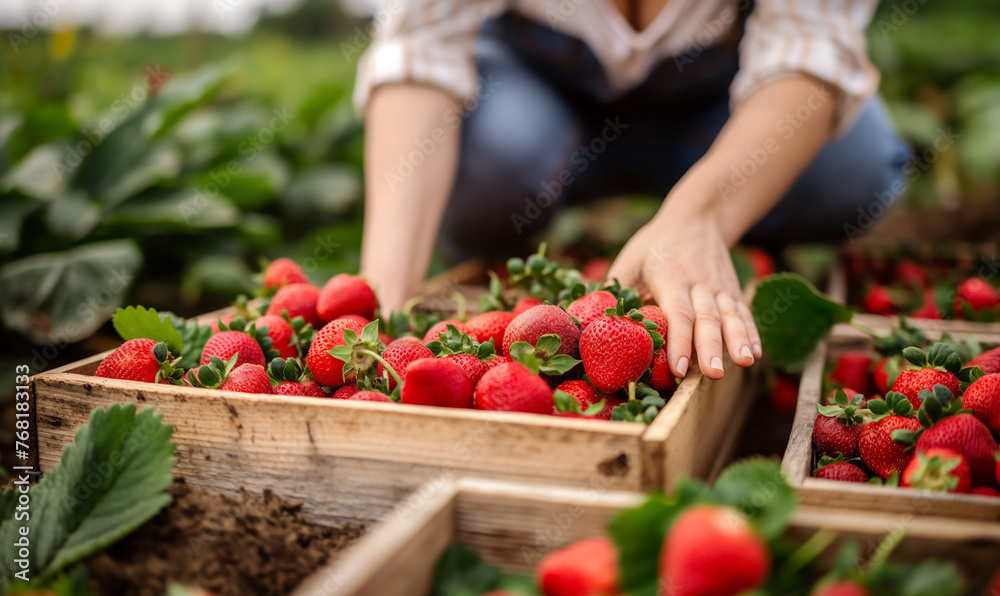 Farmer woman  harvesting strawberries in a wooden crate in the field.  Agriculture and farming concept. Design for poster, agricultural brochure