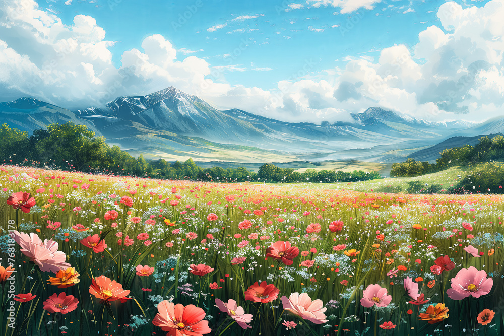 Painting of a meadow of flowers with poppies, more wildflowers and mountains in the back