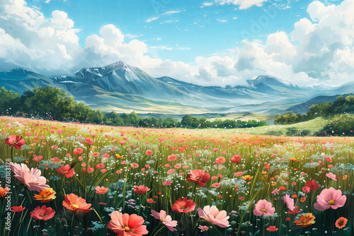 Painting of a meadow of flowers with poppies, more wildflowers and mountains in the back