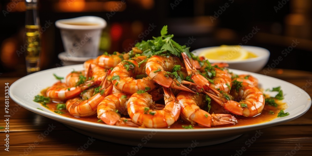 Shrimp in a white plate. Shrimp fried in a frying pan with lemon and garlic. Generative AI Shrimp in a white plate. Shrimp fried in a frying pan with lemon and garlic. Generative AI