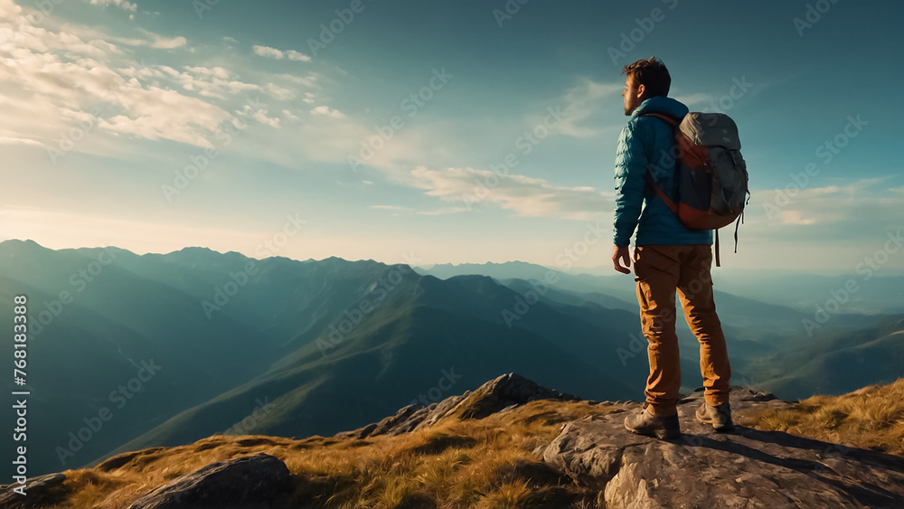 Fototapeta premium man standing on the mountain landscape