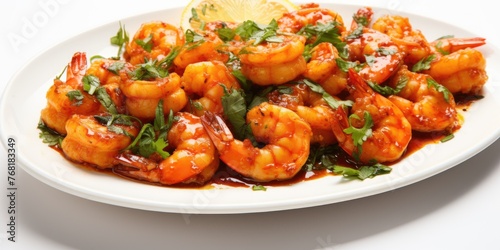 Shrimp in a white plate. Shrimp fried in a frying pan with lemon and garlic. Generative AI