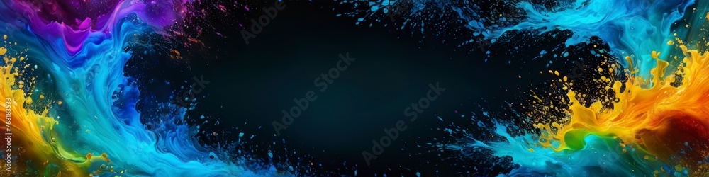 Abstract painted frame template splashes of multicolored paint on dark background. Background for banner design, poster, website header, space for text.