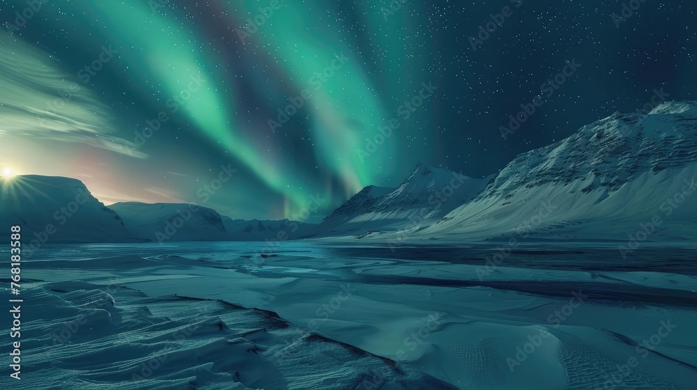 Arctic landscape with colorful aurora in the sky.