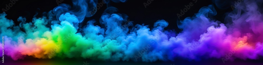 Abstract colorful illustration multicolored clubs of smoke on dark background. Background for banner, poster, website header, place for text.