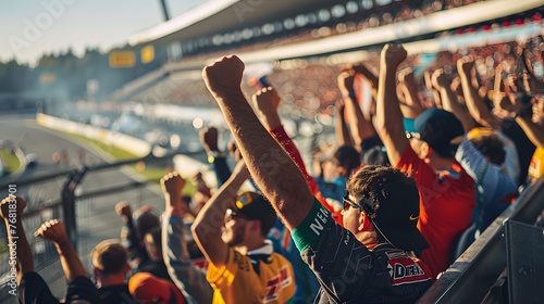 A group of spectators are cheering for their favorite driver during a race at a grandstand. The spectators wearing team colors The photo convey a sense of excitement, anticipation, or support. © Prasanth