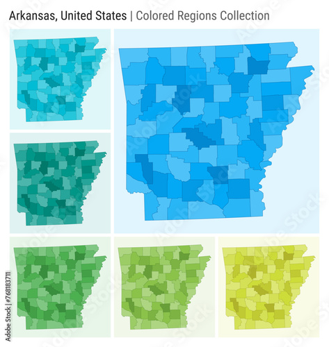 Arkansas, United States. Map collection. State shape. Colored counties. Light Blue, Cyan, Teal, Green, Light Green, Lime color palettes. Border of Arkansas with counties. Vector illustration.