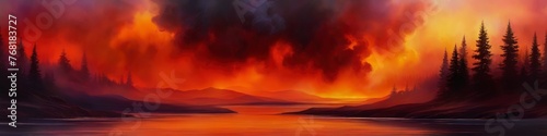 Abstract drawn illustration fire glow and smoke puffs over forest river. Concept of ecology and protection of forest from fires. Abstract background for design banner, poster, space for text.