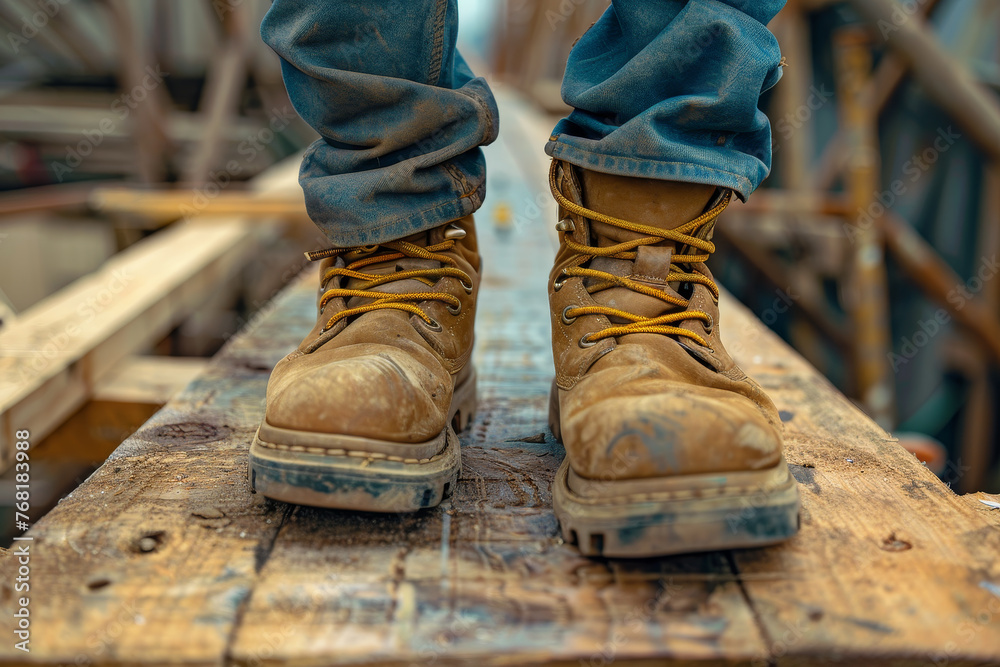 A close-up shot of a construction workers boots, standing on a wooden plank.