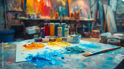 A palette with vibrant paint sits on a plastic table in an art studio in the city. The electric blue hues add colorfulness to the visual arts event photo
