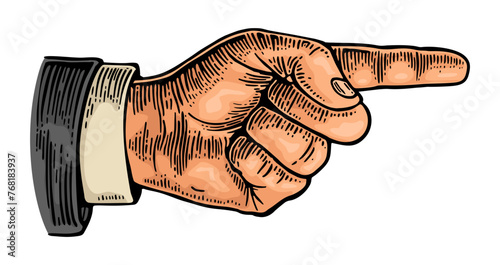 Pointing finger. Hand sign. Vector color vintage engraving