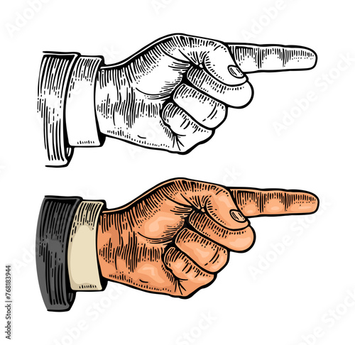 Pointing finger. Hand sign. Vector color vintage engraving