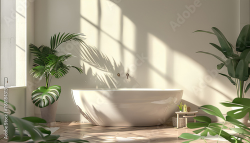 Interior of light bathroom with bathtub and Monstera houseplant