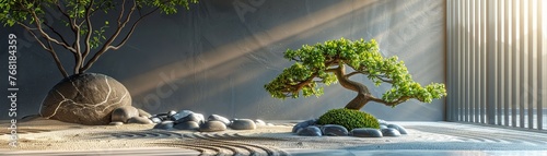 Pachira aquatica as a central element in a minimalist Zen garden, surrounded by smooth stones and raked sand , 3D render photo
