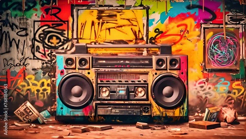 1980s retro boombox in graffiti-covered room.generative ai