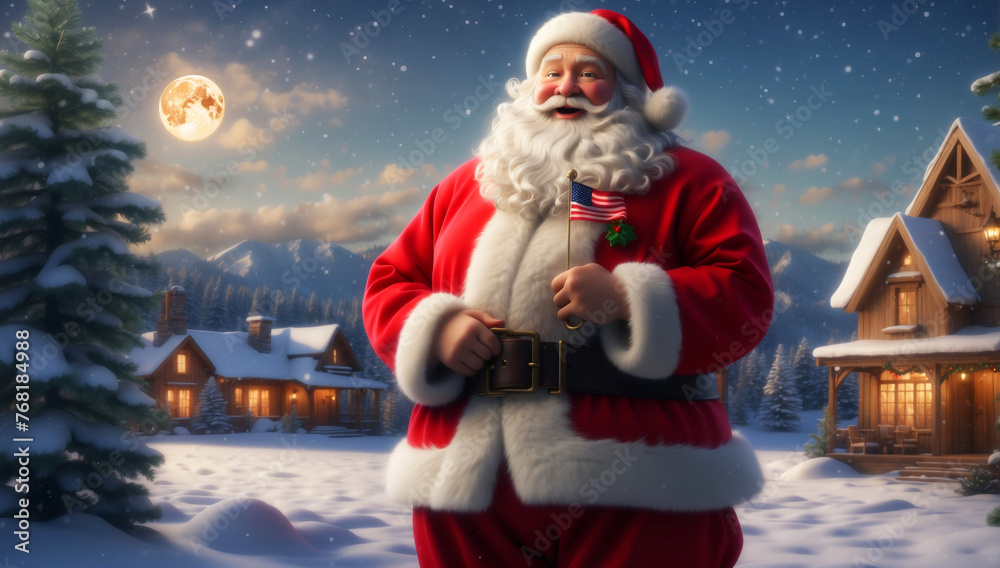 A patriotic Santa Claus holding a small US flag in his hand A patriotic Santa Claus holding a small US flag in his hand
