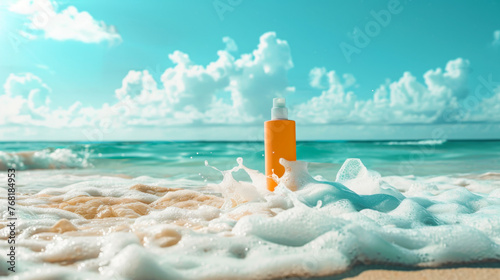 Sunscreen spray on beach with foam waves in foreground