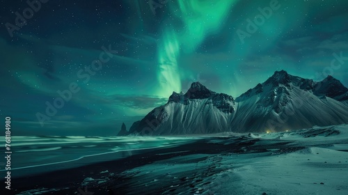 Amazing view of green aurora borealis shining in night sky over snowy mountain ridge with black sand stockness beach and vestrahorn mountain in background in iceland photo