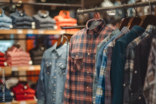 Mens shirts on display in a clothing store at a shopping mall. Concept Fashion Display, Menswear, Shopping Mall, Retail Store, Clothing Collection