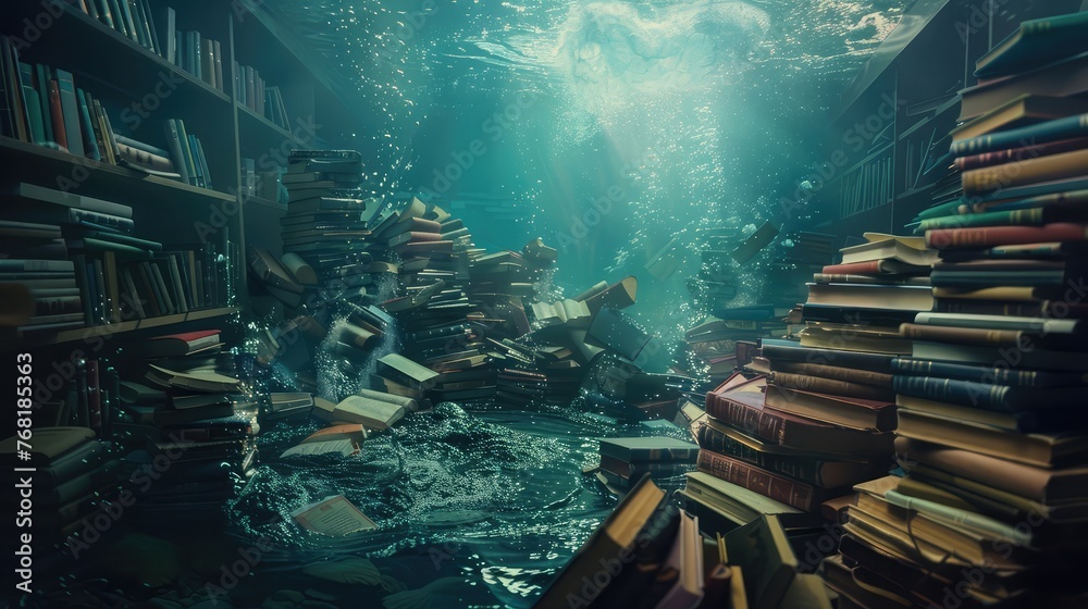 An undersea library where books float in the water - obrazy, fototapety, plakaty 