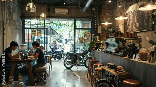 a coffee shop is enjoying coffee in front of its simple shop