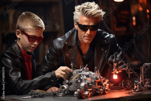 Father and son spending quality time building car model together, strengthening their bond