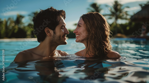 Portrait of lovely couple enjoying summer vacation on pool together, looking at each other closely, tropical resort background