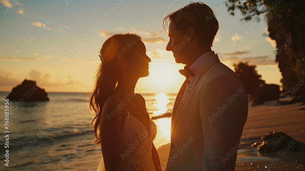 Romantic couple on beach at sunset, newly married happy two people standing together looking at each other, Close up portrait