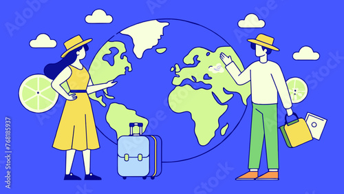 Young Explorers: A Beautiful Vector of a Girl and Boy Planning Their Dream Destinations on a World Map