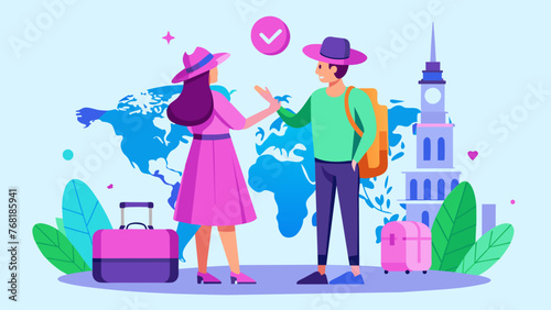 Young Explorers: A Beautiful Vector of a Girl and Boy Planning Their Dream Destinations on a World Map