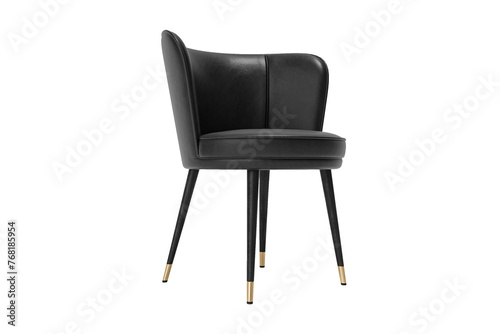 Modern and classic black leather chair with metallic gold legs isolated on white backgorund. Furniture collection