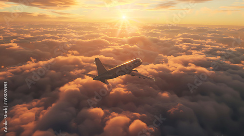 A commercial passenger jet flies high above the clouds at sunset.