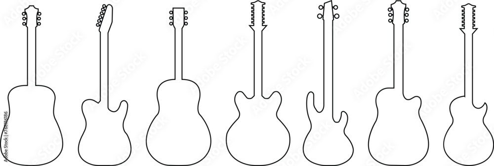 Guitar silhouettes icon set line vector. Acoustic musical instrument sign Isolated on transparent background. Trendy outline style collection for graphic design, logo, web, social media, mobile app - obrazy, fototapety, plakaty 