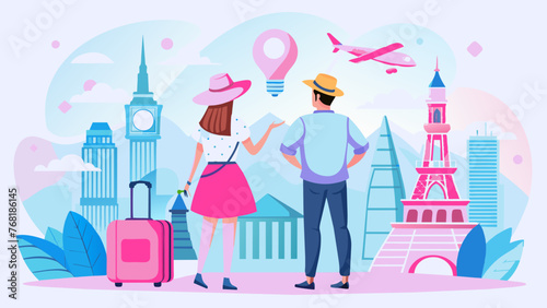 Young Explorers: A Beautiful Vector of a Girl and Boy Planning Their Dream Destinations on a World Map