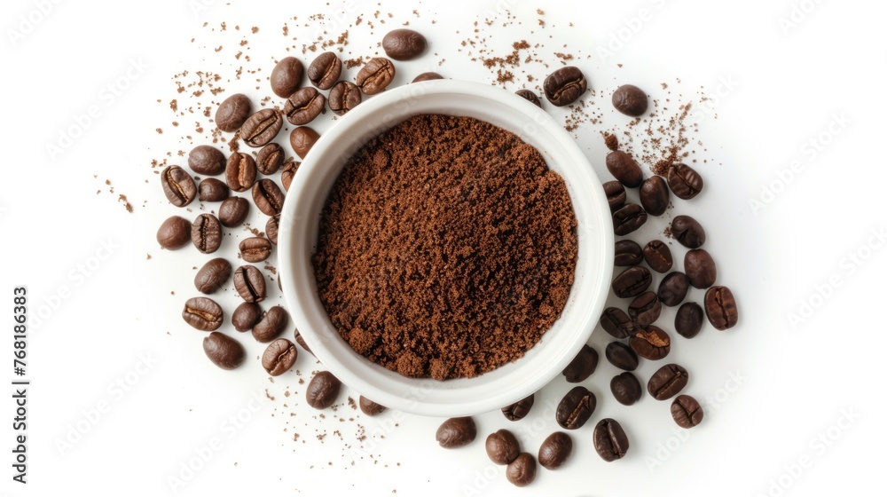 Bowl of ground coffee and grains isolated on white background, top view Bowl of ground coffee and grains isolated on white background, top view