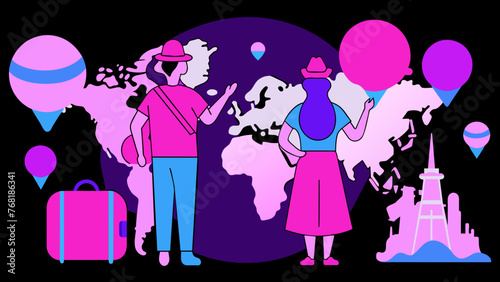 Young Explorers: A Beautiful Vector of a Girl and Boy Planning Their Dream Destinations on a World Map