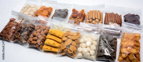 A collection of various types of traditional market cookies, each individually packaged in plastic bags, displayed neatly on a clean white backdrop.