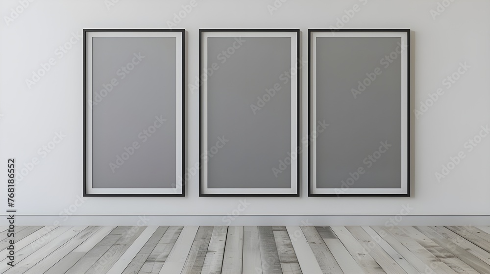 Three empty vertical black frame mock up in a white interior room ...