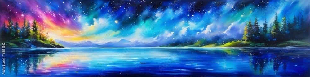 Fototapeta premium Colorful watercolor illustration picturesque landscape summer dawn over lake on mountains background. Abstract background for design banner, poster, space for text.