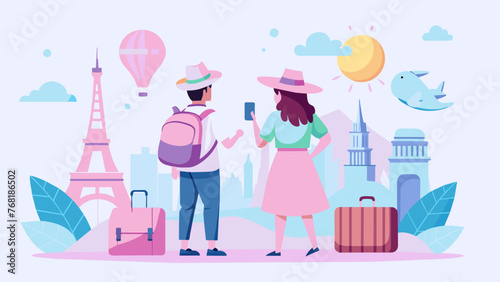 Young Explorers: A Beautiful Vector of a Girl and Boy Planning Their Dream Destinations on a World Map