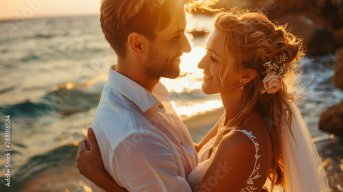 Romantic couple on beach at sunset, newly married happy two people standing together looking at each other, Close up portrait photo