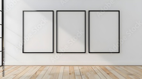 Three empty vertical black frame mock up in a white interior room design with wooden oak floor, 3 empty modern frames for gallery wall mockup, 3d illustration white wall interior Ai Generated  © Hamid