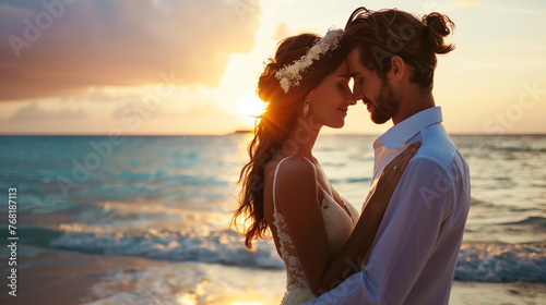Romantic couple on beach at sunset, newly married happy two people standing together looking at each other, Close up portrait photo
