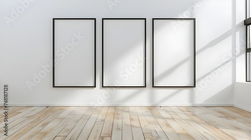Three empty vertical black frame mock up in a white interior room design with wooden oak floor  3 empty modern frames for gallery wall mockup  3d illustration white wall interior Ai Generated 