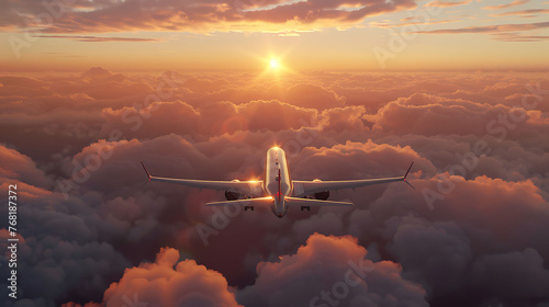 A commercial passenger jet flies high above the clouds at sunset.